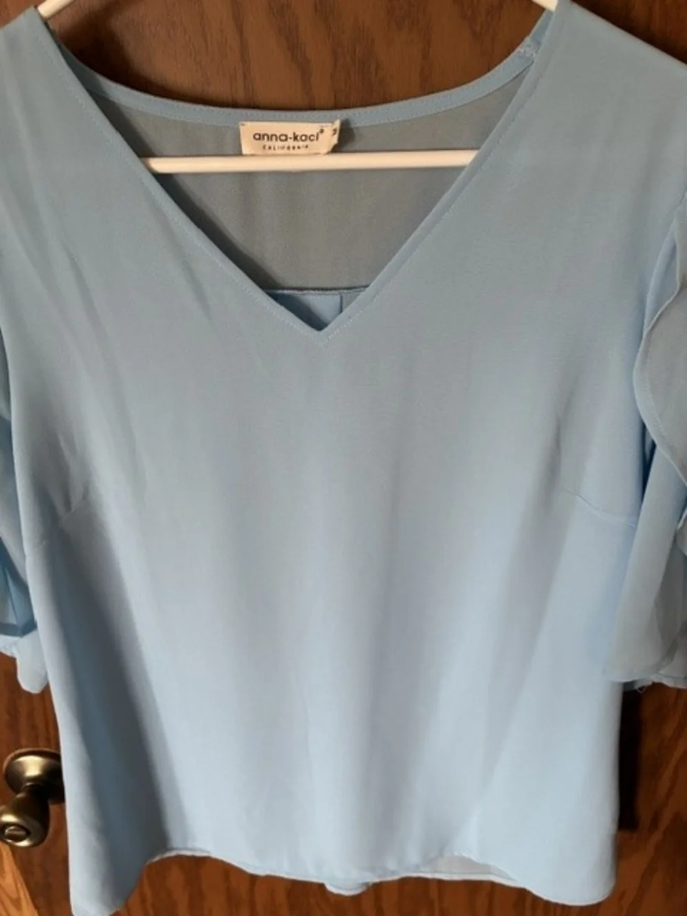 Light Blue Flutter Sleeve V-Neck Blouse - Picture 6 of 7